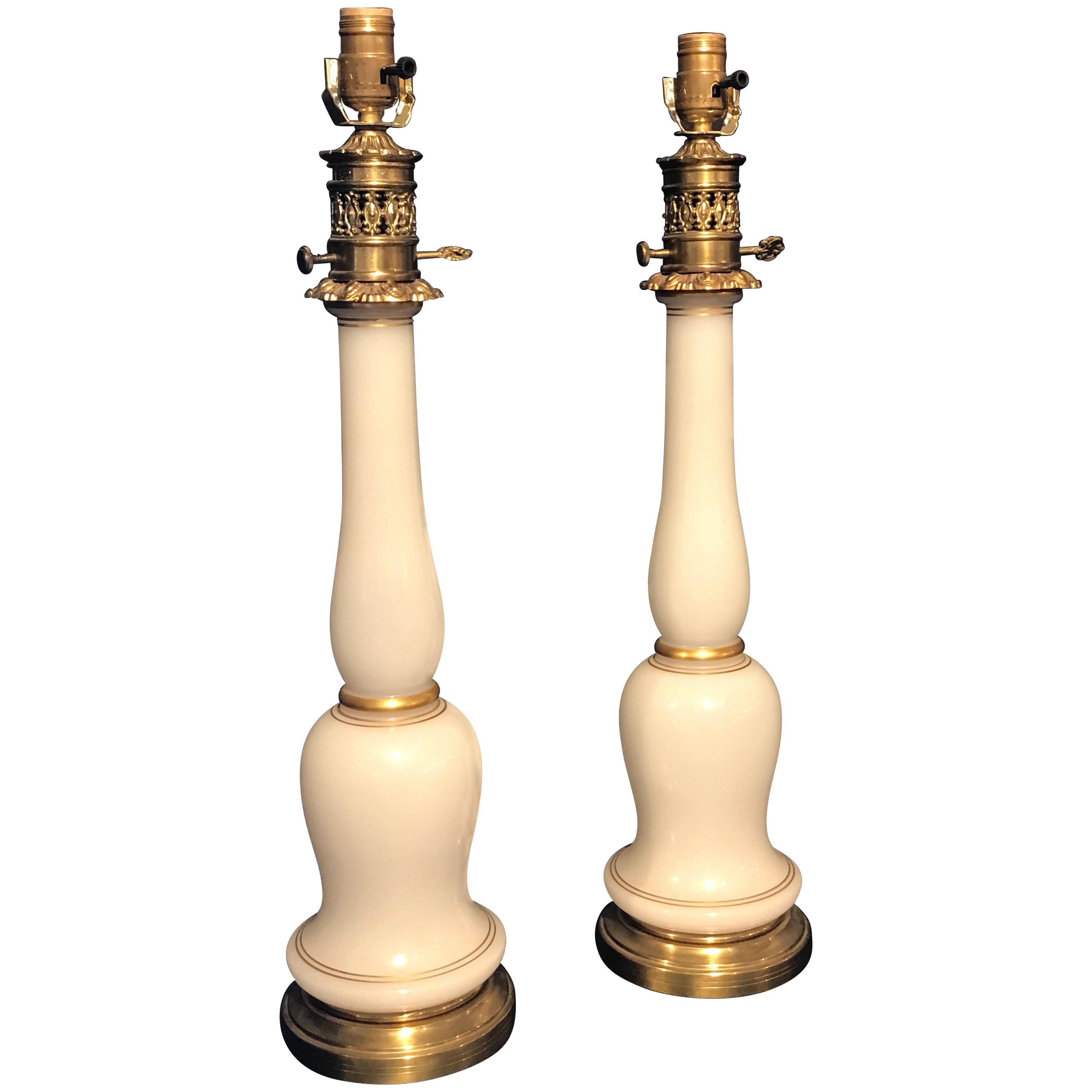 Pair of French Opaline Bronze Column Lamps For Sale