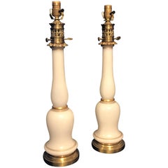 Pair of French Opaline Bronze Column Lamps