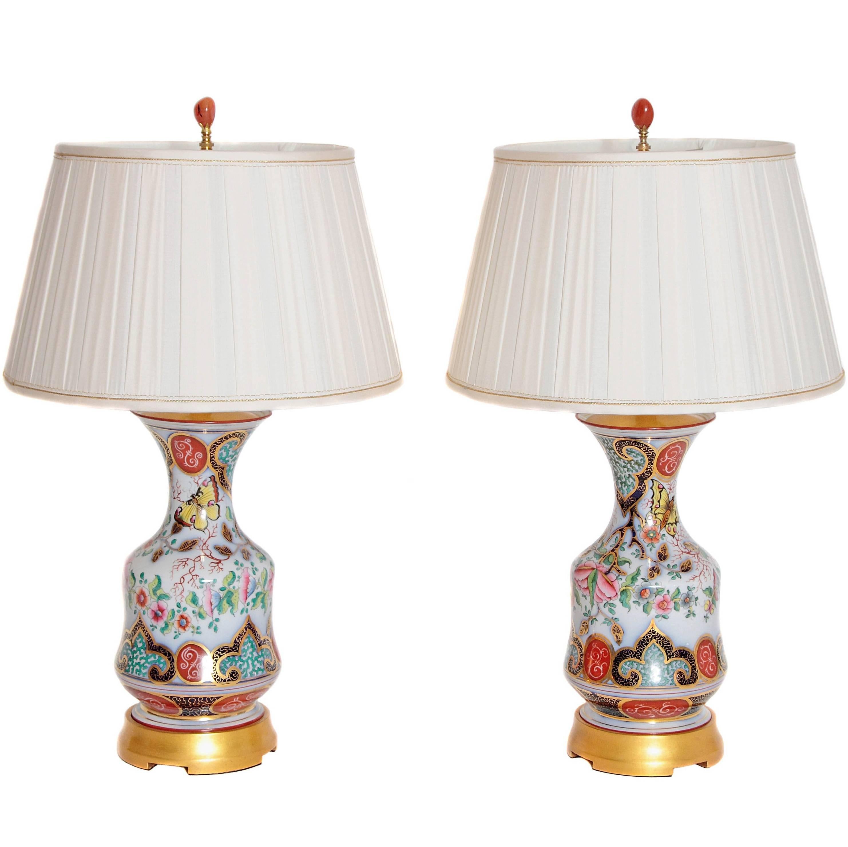Pair of French Opaline Glass Hand-Painted Urns Converted into Table Lamps