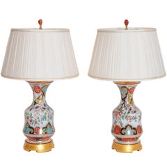 Antique Pair of French Opaline Glass Hand-Painted Urns Converted into Table Lamps