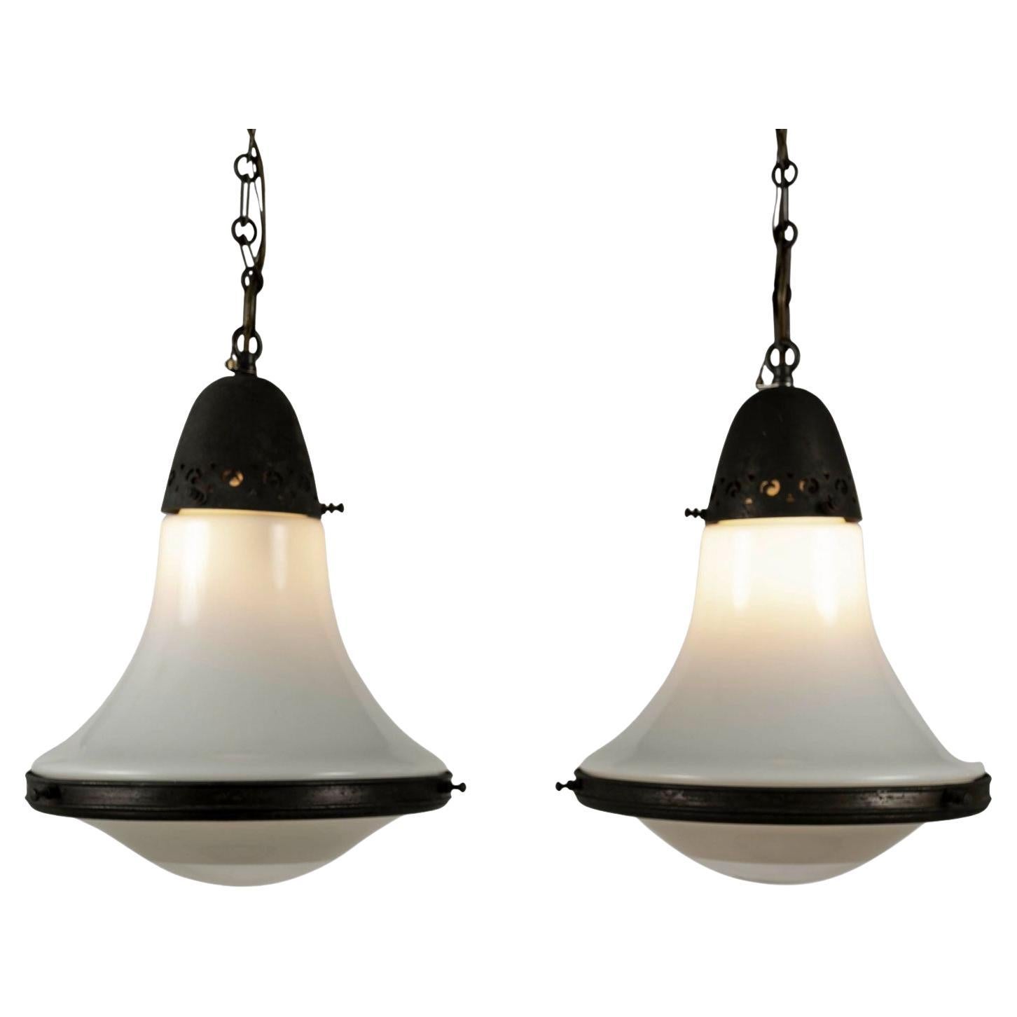 Pair of Oversize French Molded Glass Pendant Lights For Sale at 1stDibs