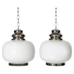 Vintage Pair of French Opaline Glass Pendant Lights