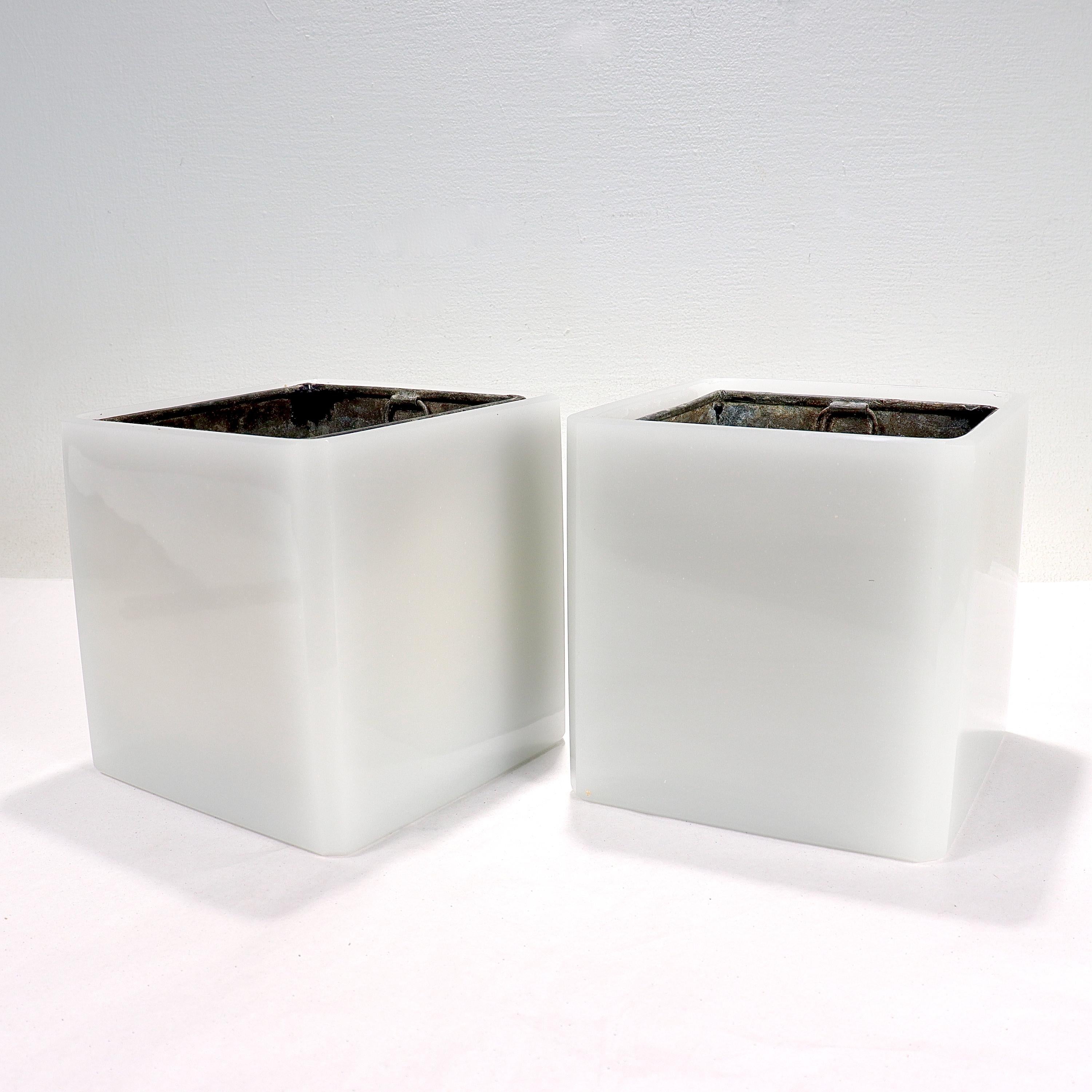 Belle Époque Pair of French Opaline Glass Planters or Jardinieres with Tin Liners For Sale