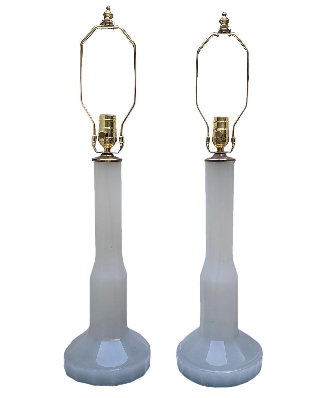 Glass Pair of French Opaline Lamps For Sale