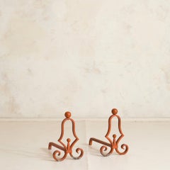 Pair of French Orange Andirons Attributed to Jacques Adnet, 1950s