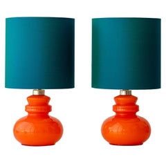 Pair of French Orange Opaline Glass Table Lamps with New Teal Silk Shades
