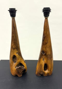 Pair of French Organic Modern Craftsman Olive Wood Table Lamps, Alexandre Noll