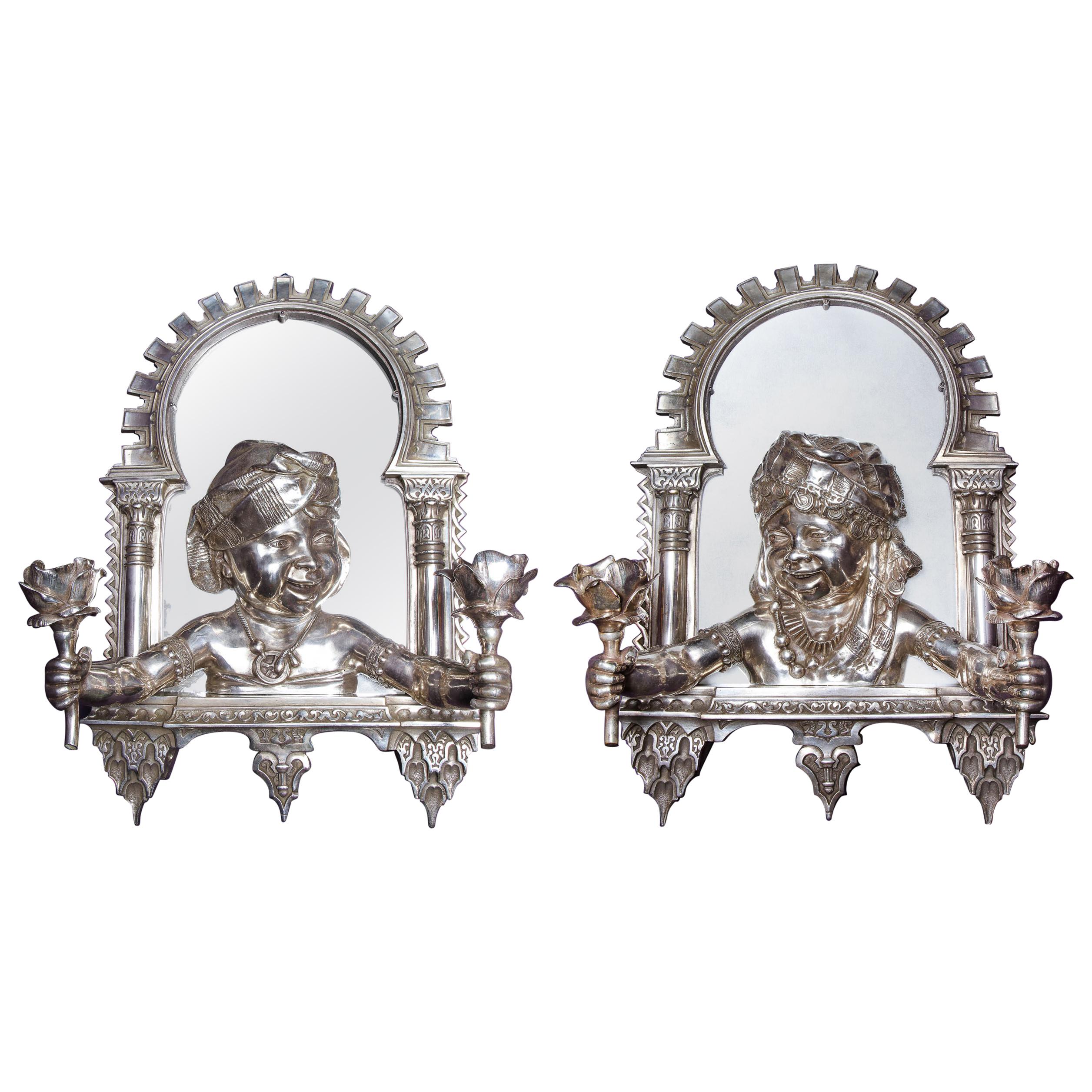 Pair of French Orientalist "Alhambra" Bronze Two-Light Wall Appliqués Sconces