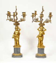 Pair of French Ormolu and Bleu Turquin Marble Candelabra, Monbro Frères
