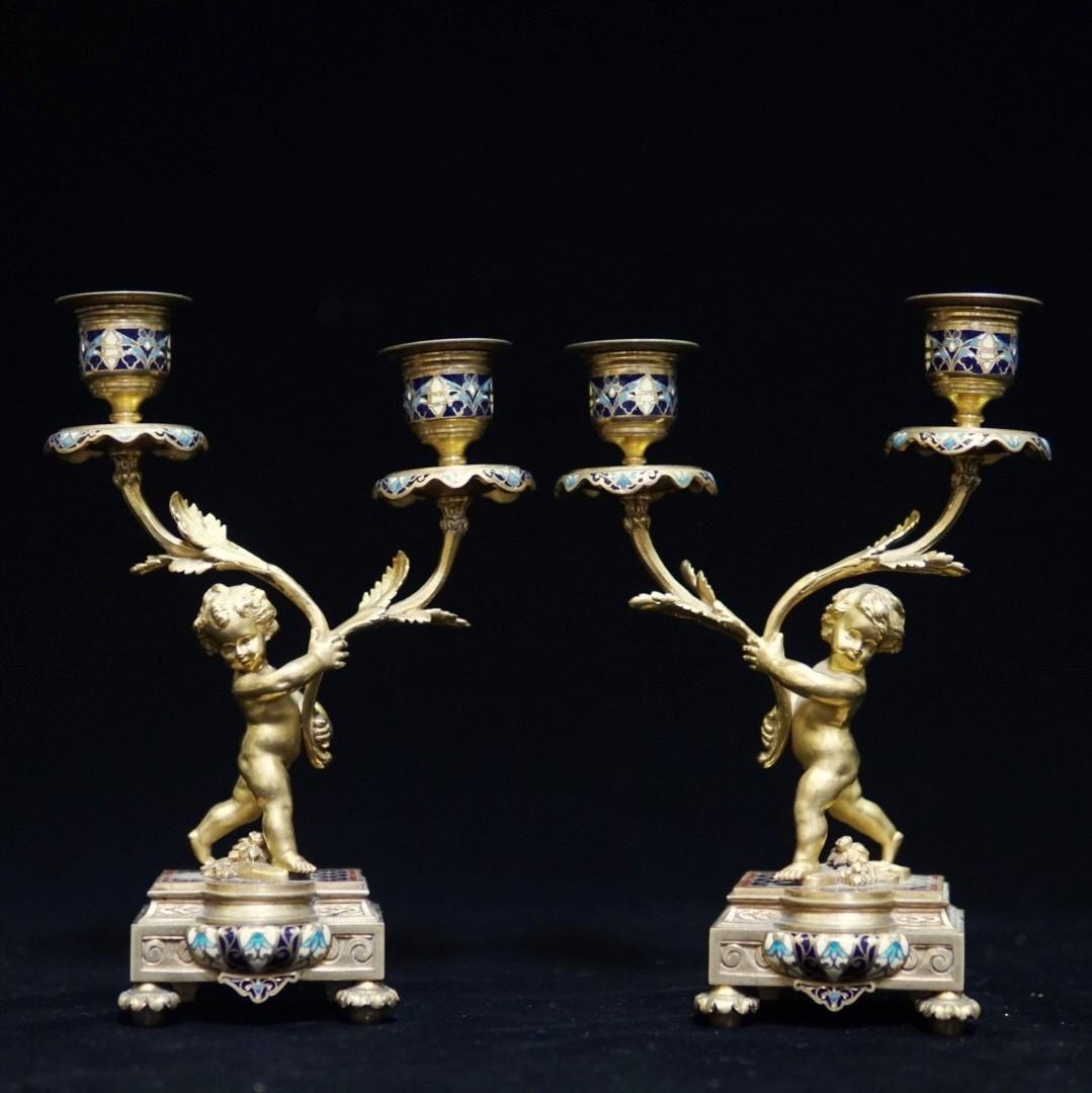 Pair of French Ormolu and Cloisonné Candlesticks, 19th Century 7