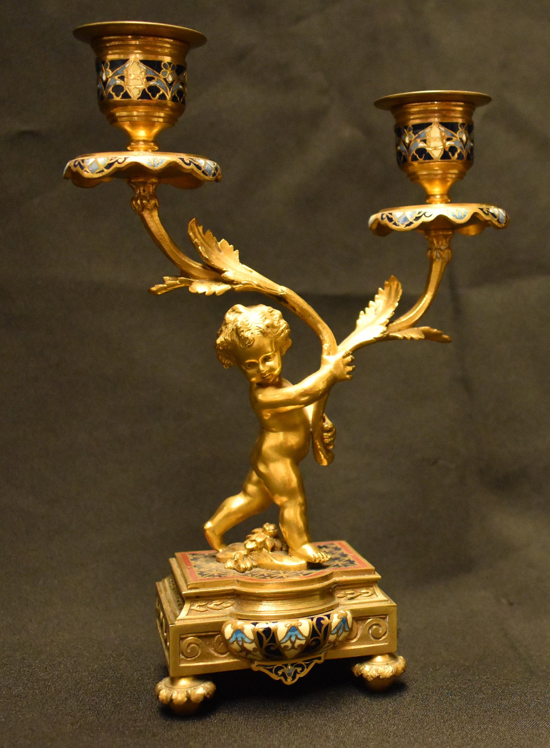 Champlevé Pair of French Ormolu and Cloisonné Candlesticks, 19th Century