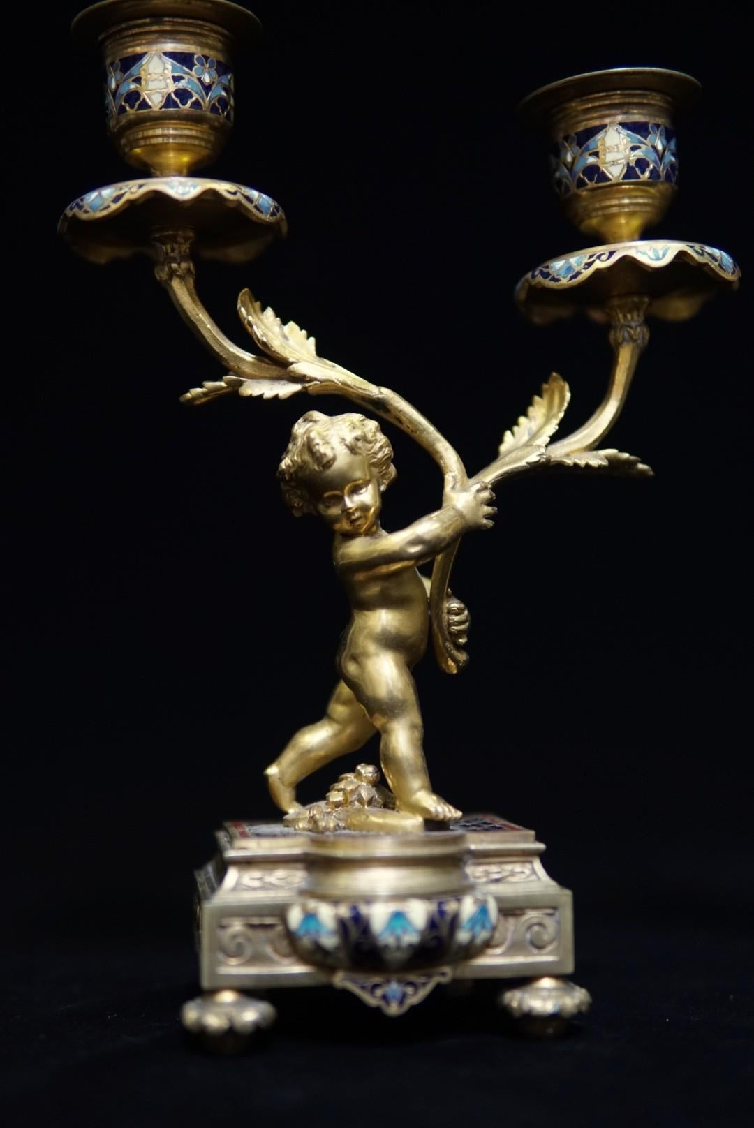 Pair of French Ormolu and Cloisonné Candlesticks, 19th Century 8