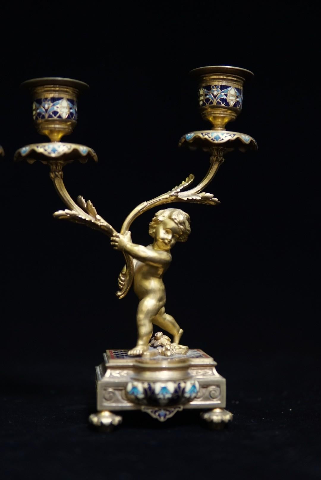 Pair of French Ormolu and Cloisonné Candlesticks, 19th Century 9