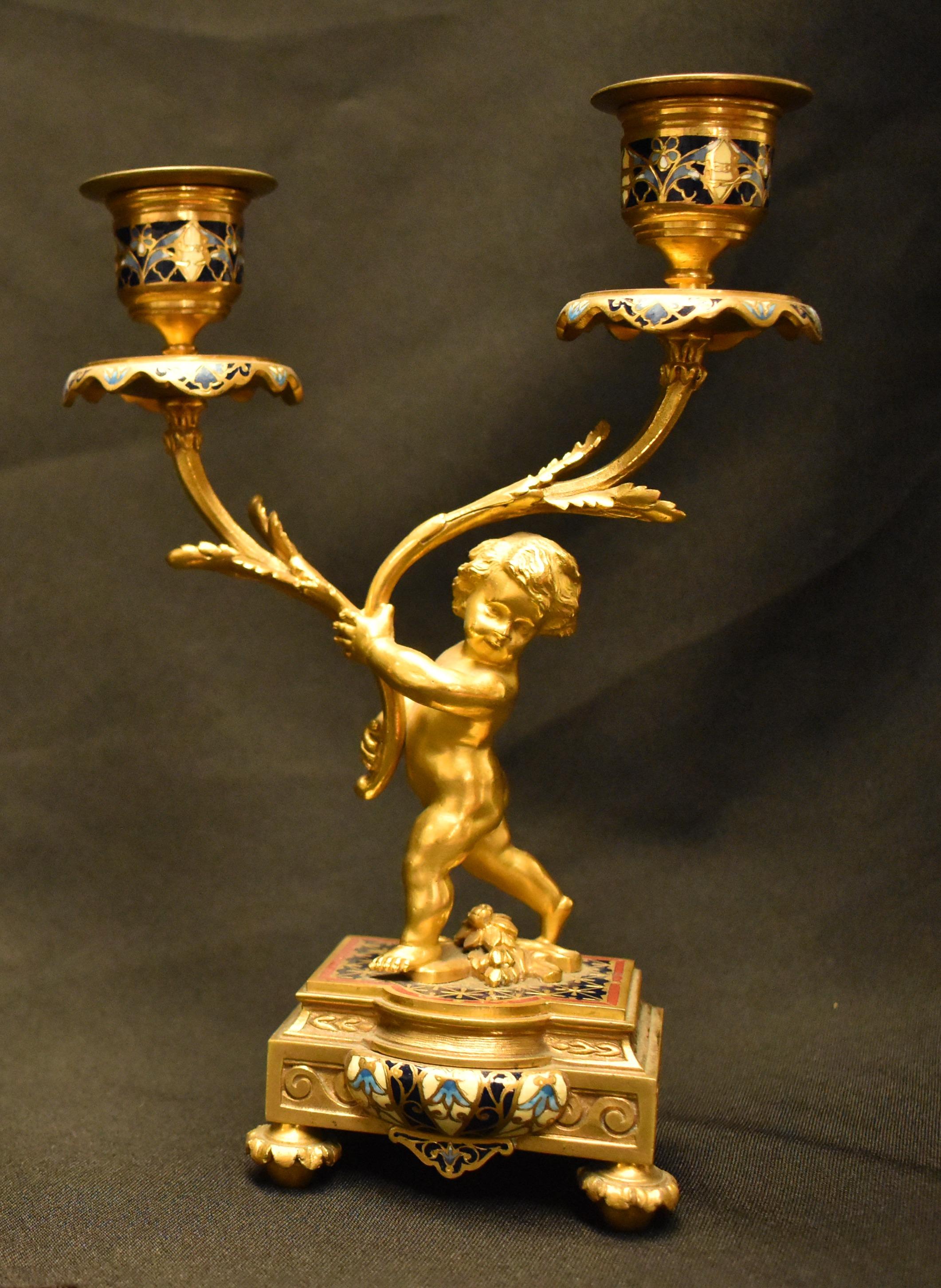 Pair of French Ormolu and Cloisonné Candlesticks, 19th Century 1