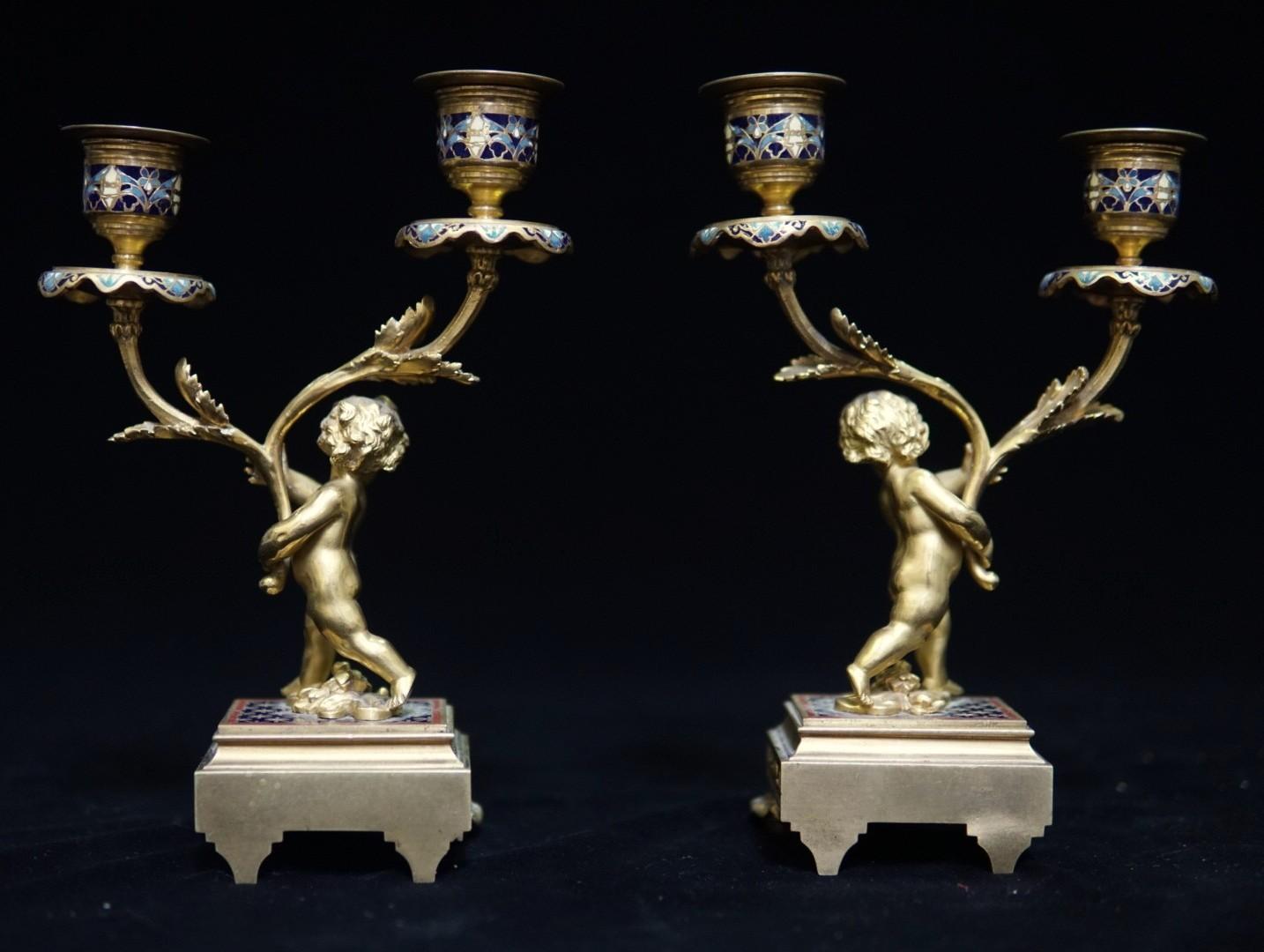 Pair of French Ormolu and Cloisonné Candlesticks, 19th Century 10
