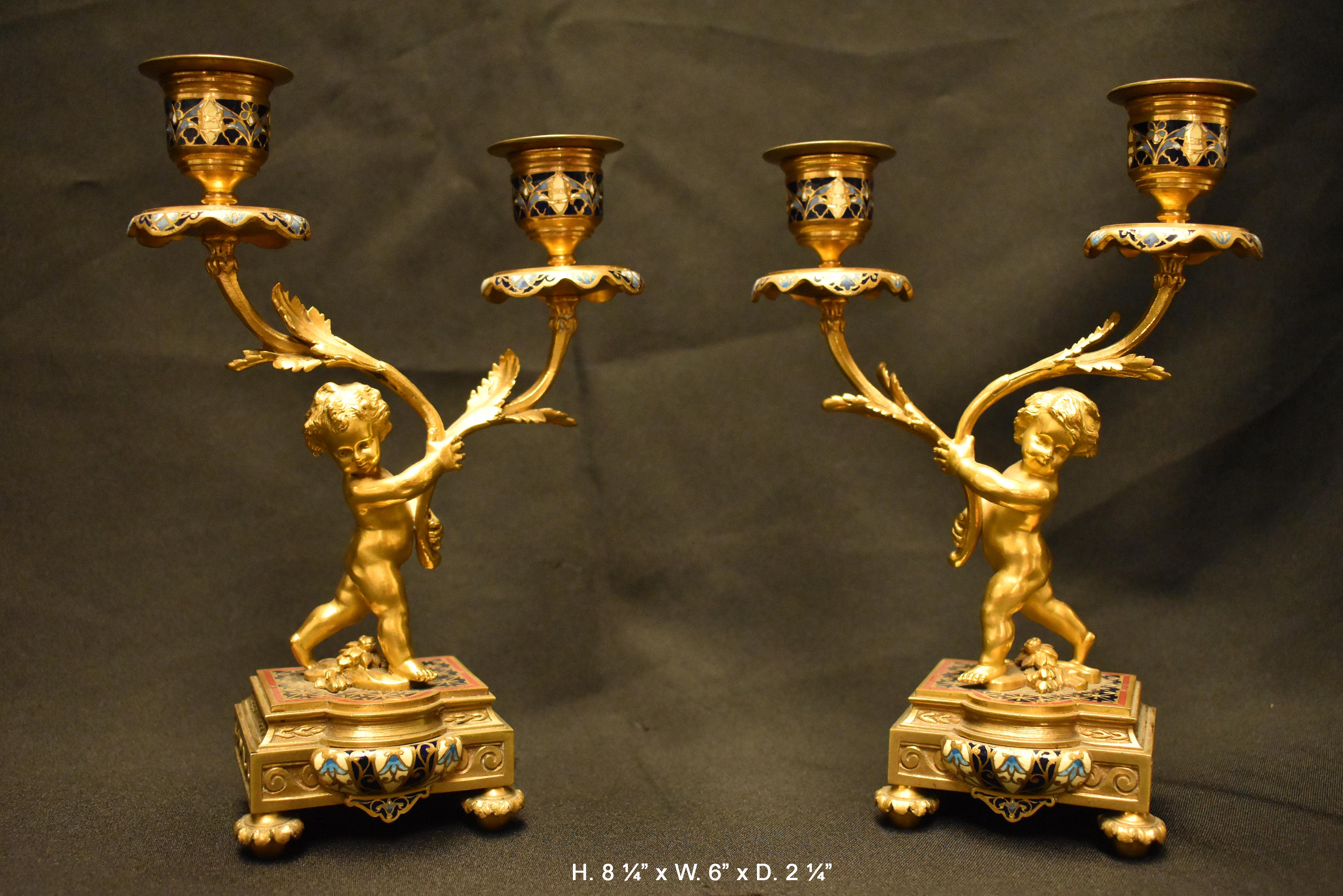 Pair of French Ormolu and Cloisonné Candlesticks, 19th Century 5