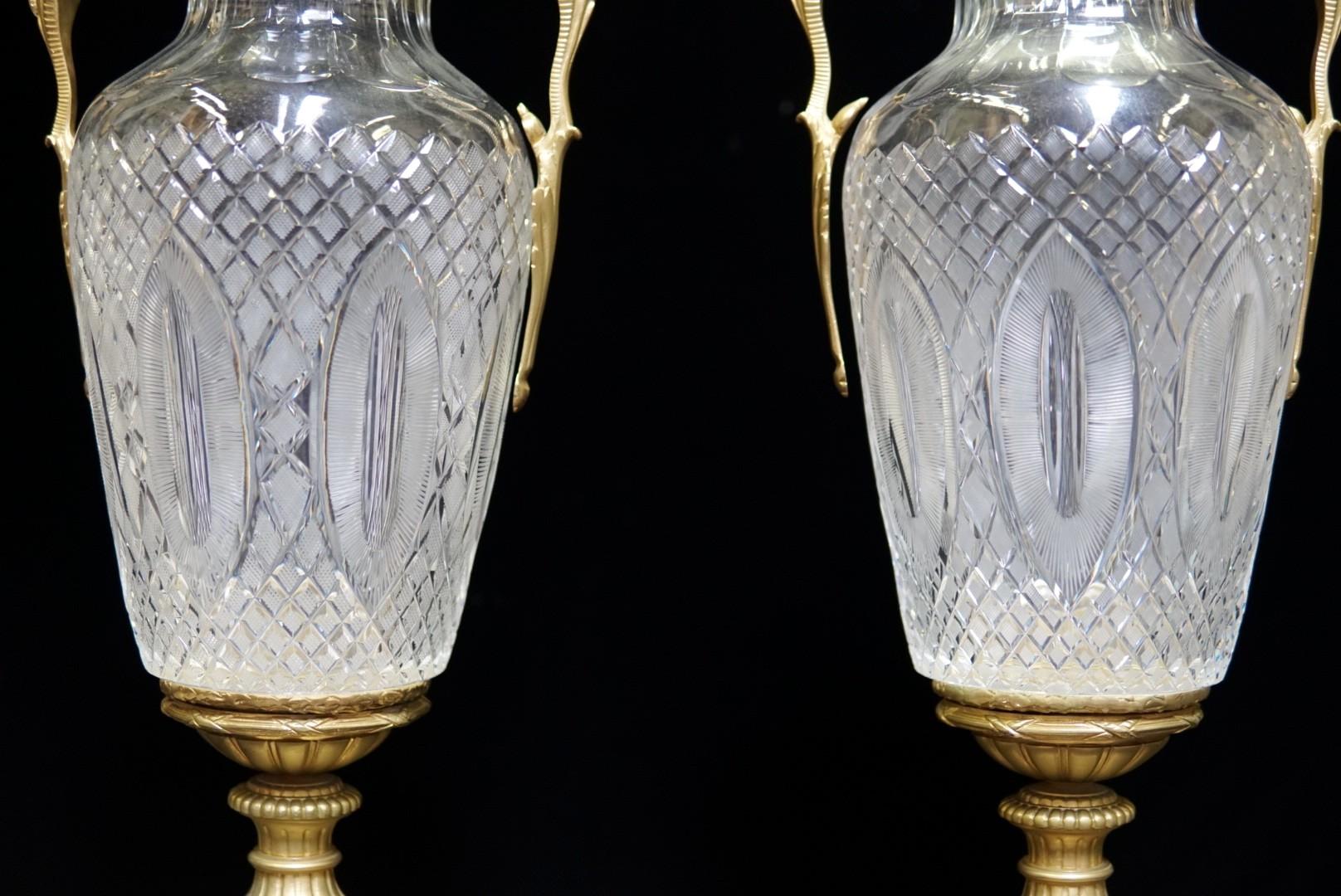 Louis XVI Pair of French Ormolu and Cut Crystal Urns
