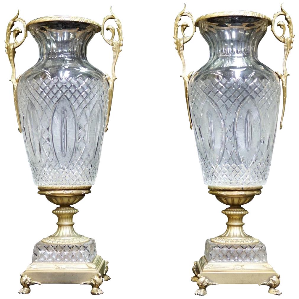 Pair of French Ormolu and Cut Crystal Urns