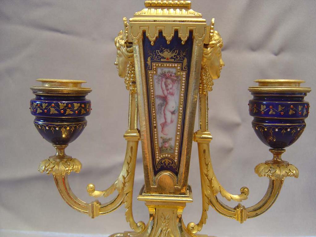 Pair of French Ormolu and Jewelled Porcelain Candelabra In Good Condition For Sale In London, GB