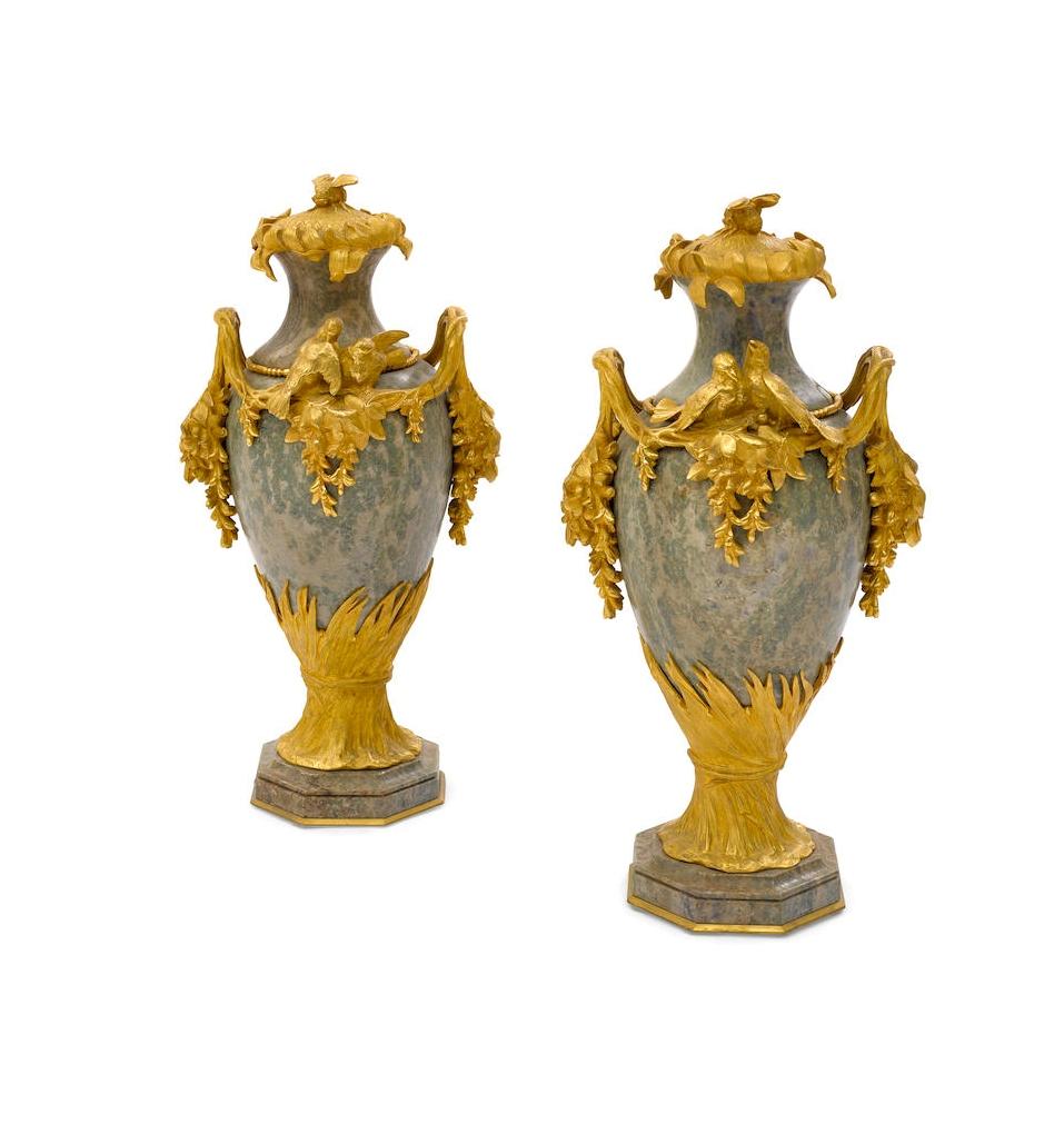 Pair of French Ormolu and Marble Urns Signed Sanglan, 19th Century For Sale 4