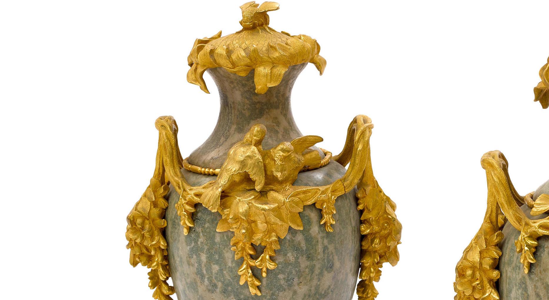 Pair of French Ormolu and Marble Urns Signed Sanglan, 19th Century For Sale 12