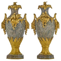 Antique Pair of French Ormolu and Marble Urns Signed Sanglan, 19th Century