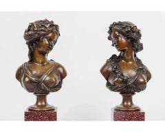 Pair of French Ormolu and Patinated Bronze Figural Busts on Porphyry Bases