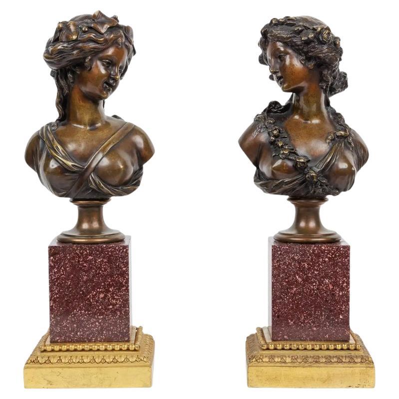 Pair of French Ormolu and Patinated Bronze Figural Busts on Porphyry Bases For Sale