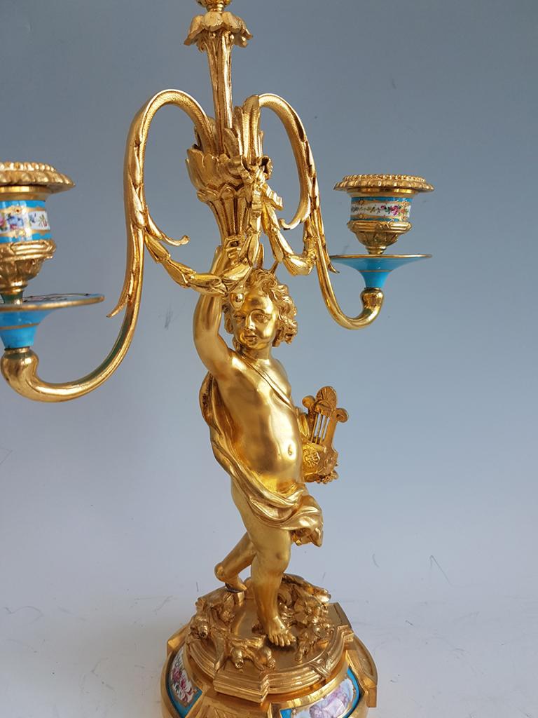 Late 19th Century Pair of French Ormolu and Porcelain Candelabra For Sale