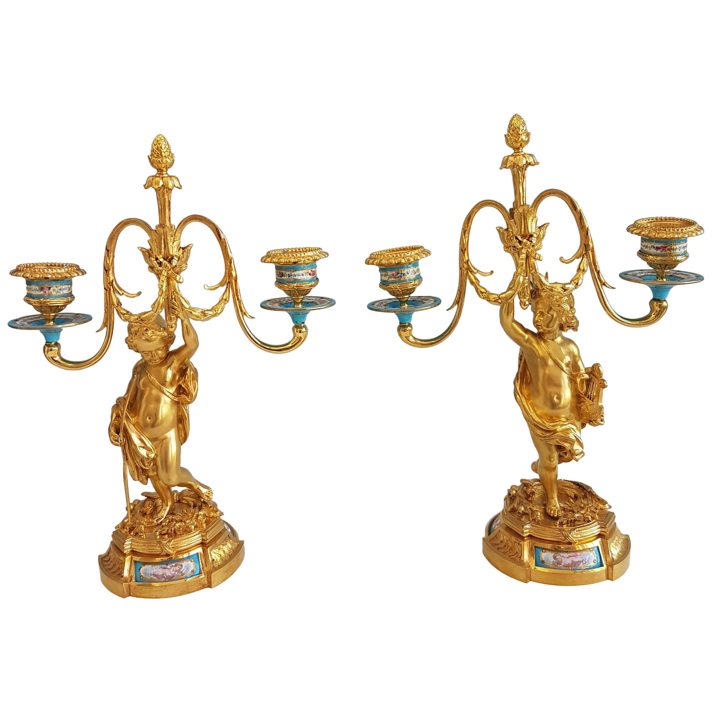 Pair of French Ormolu and Porcelain Candelabra For Sale