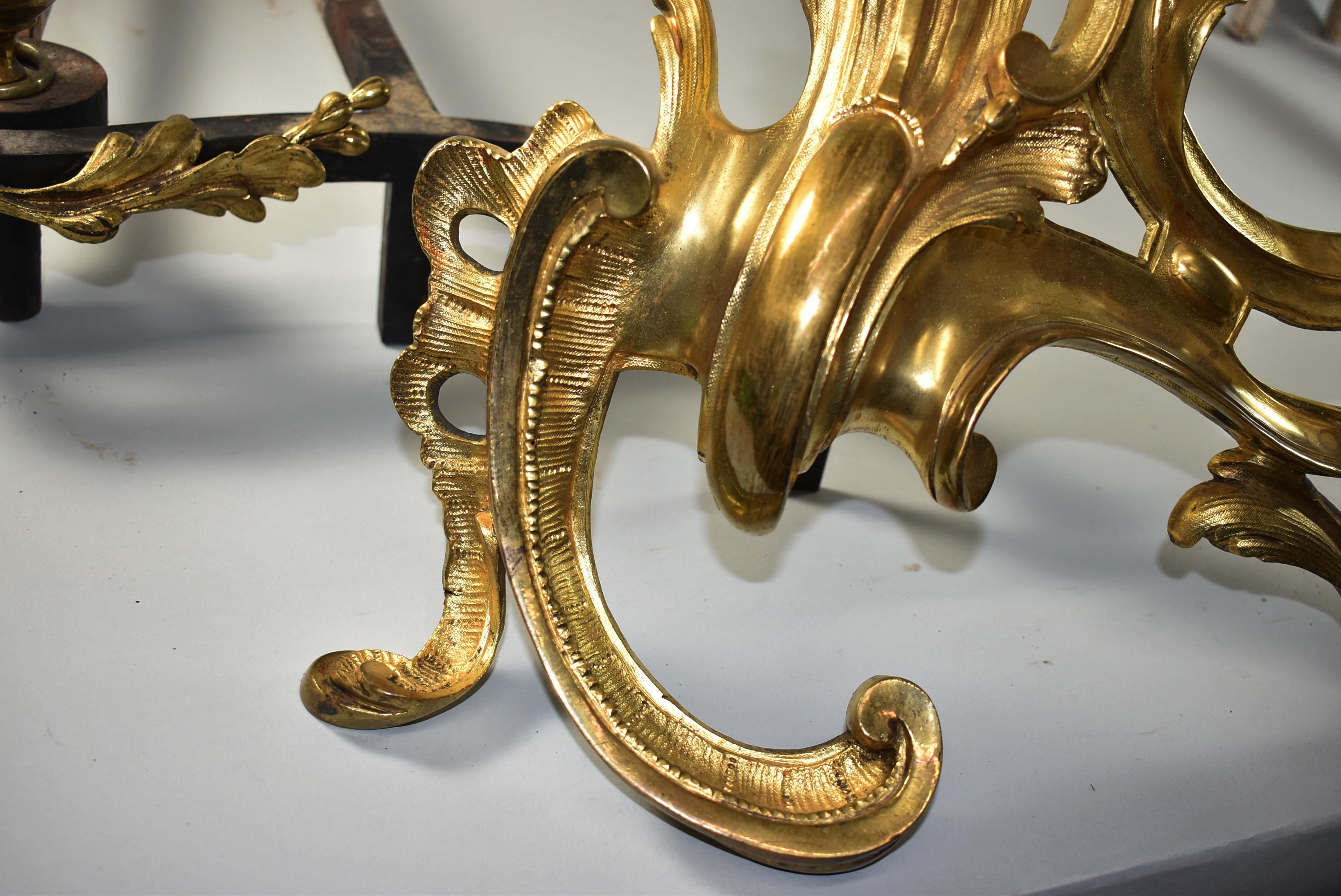 Brass Pair of French Ormolu Andirons Louis XV Style Rococo For Sale