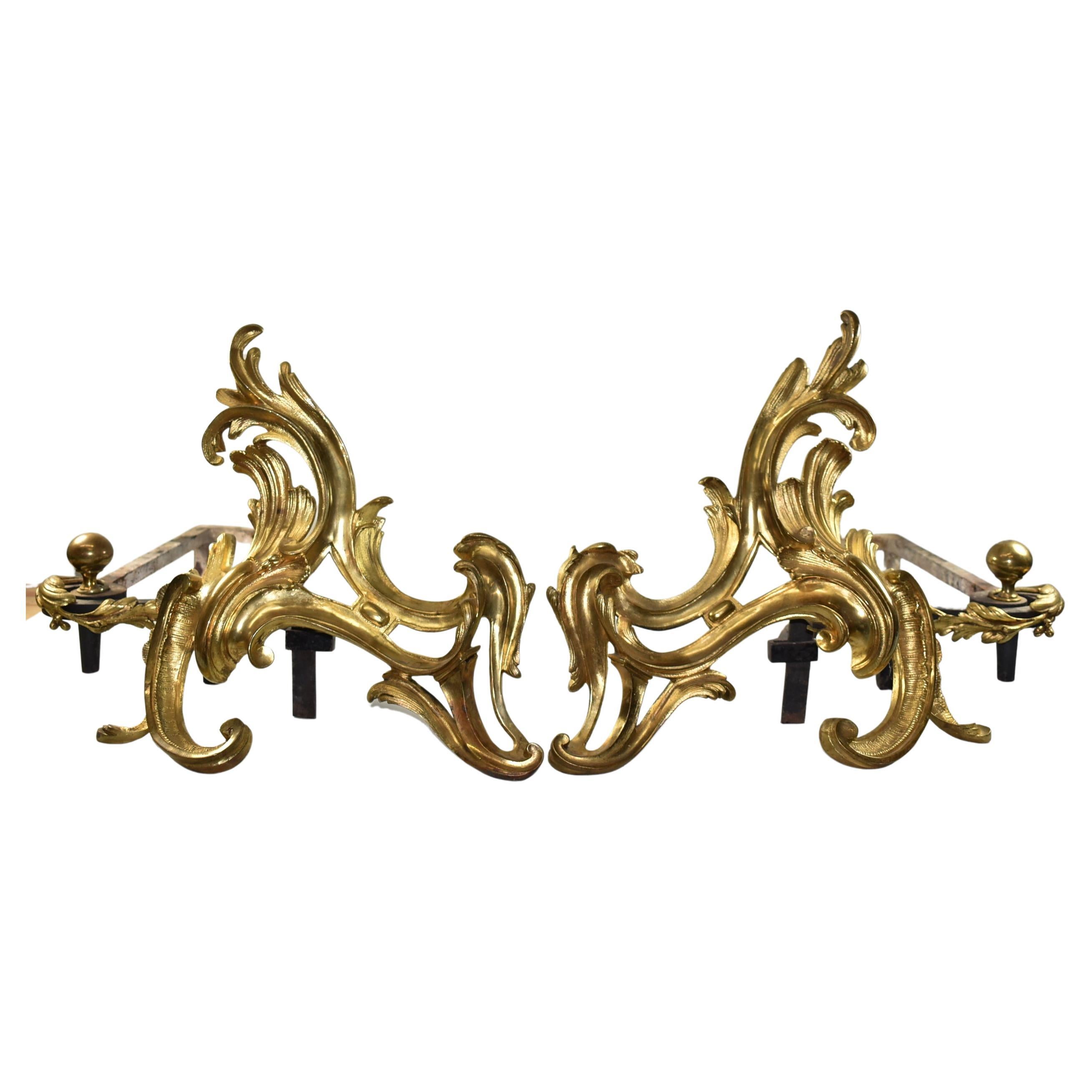 Paire de chenets français en bronze doré de style Louis XV Rococo
