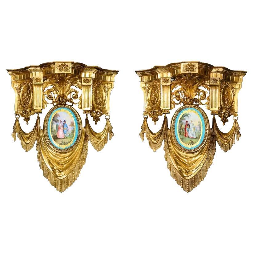 Pair of French Ormolu Bronze and Sevres Porcelain Wall Brackets Appliques For Sale