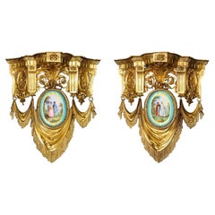 Antique Pair of French Ormolu Bronze and Sevres Porcelain Wall Brackets Appliques