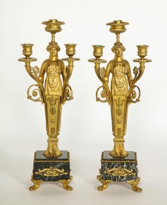 Pair of French Ormolu Bronze and Verde Antico Marble Three-Light Candelabra