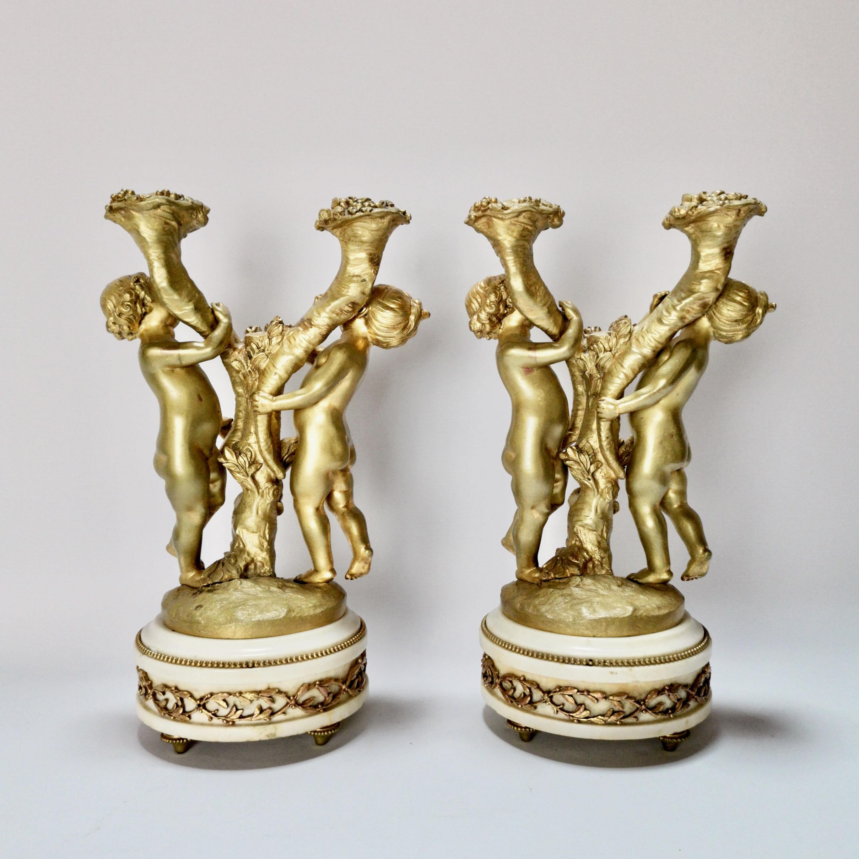 Cast Pair of French Ormolu Candelabra on Marble, Gilt Cherubs, Rococo Revival