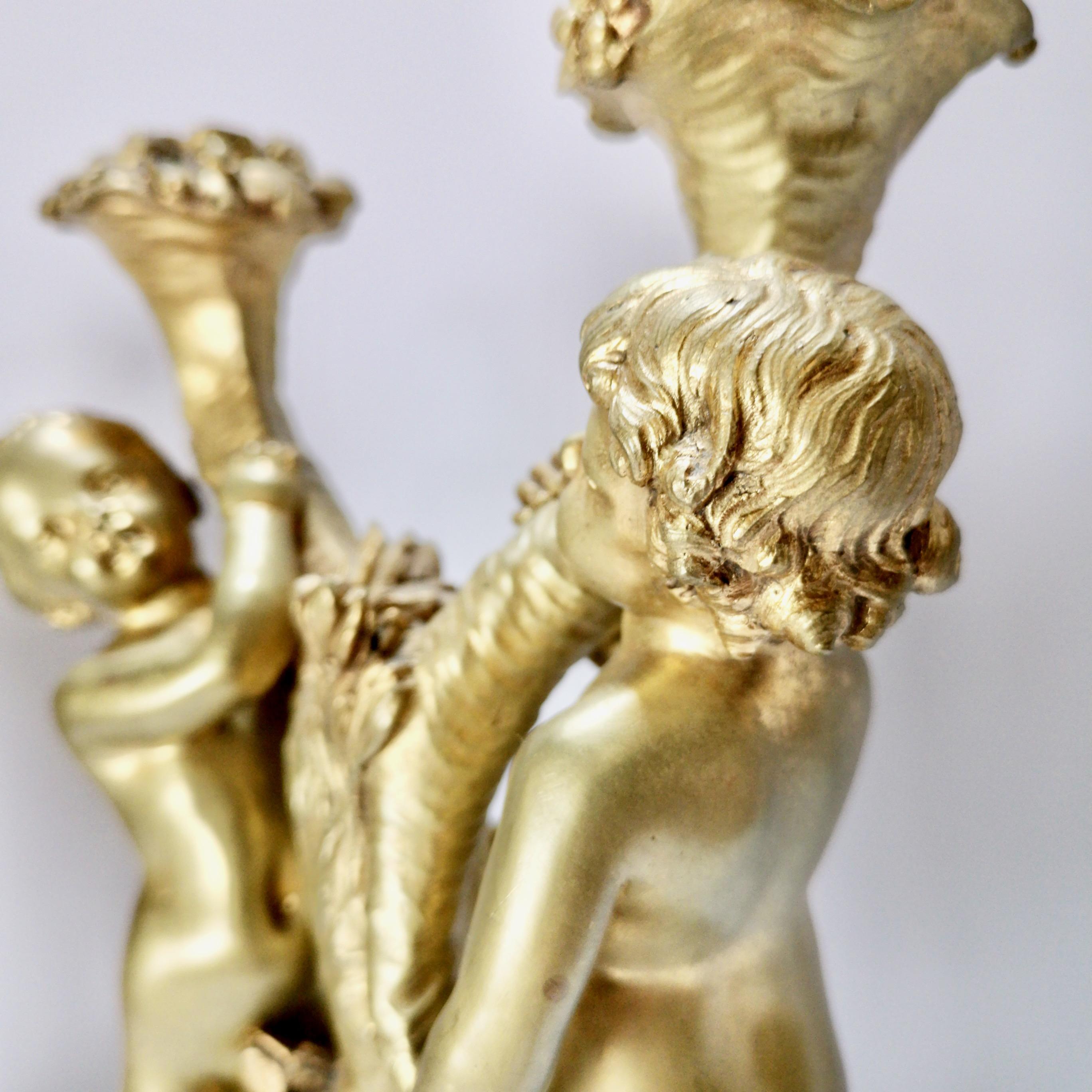 Pair of French Ormolu Candelabra on Marble, Gilt Cherubs, Rococo Revival 3