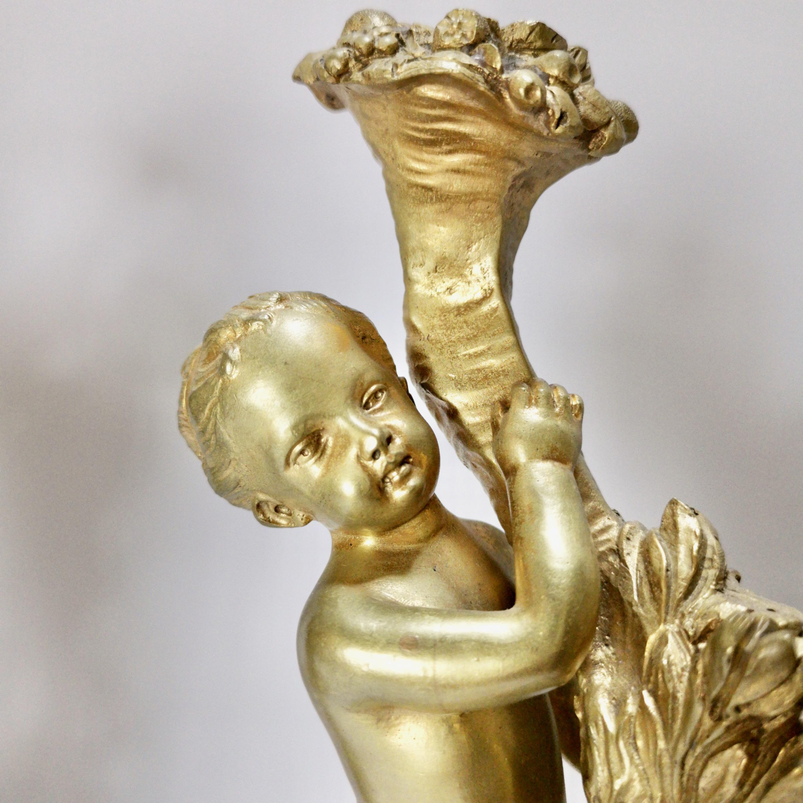 Pair of French Ormolu Candelabra on Marble, Gilt Cherubs, Rococo Revival 4