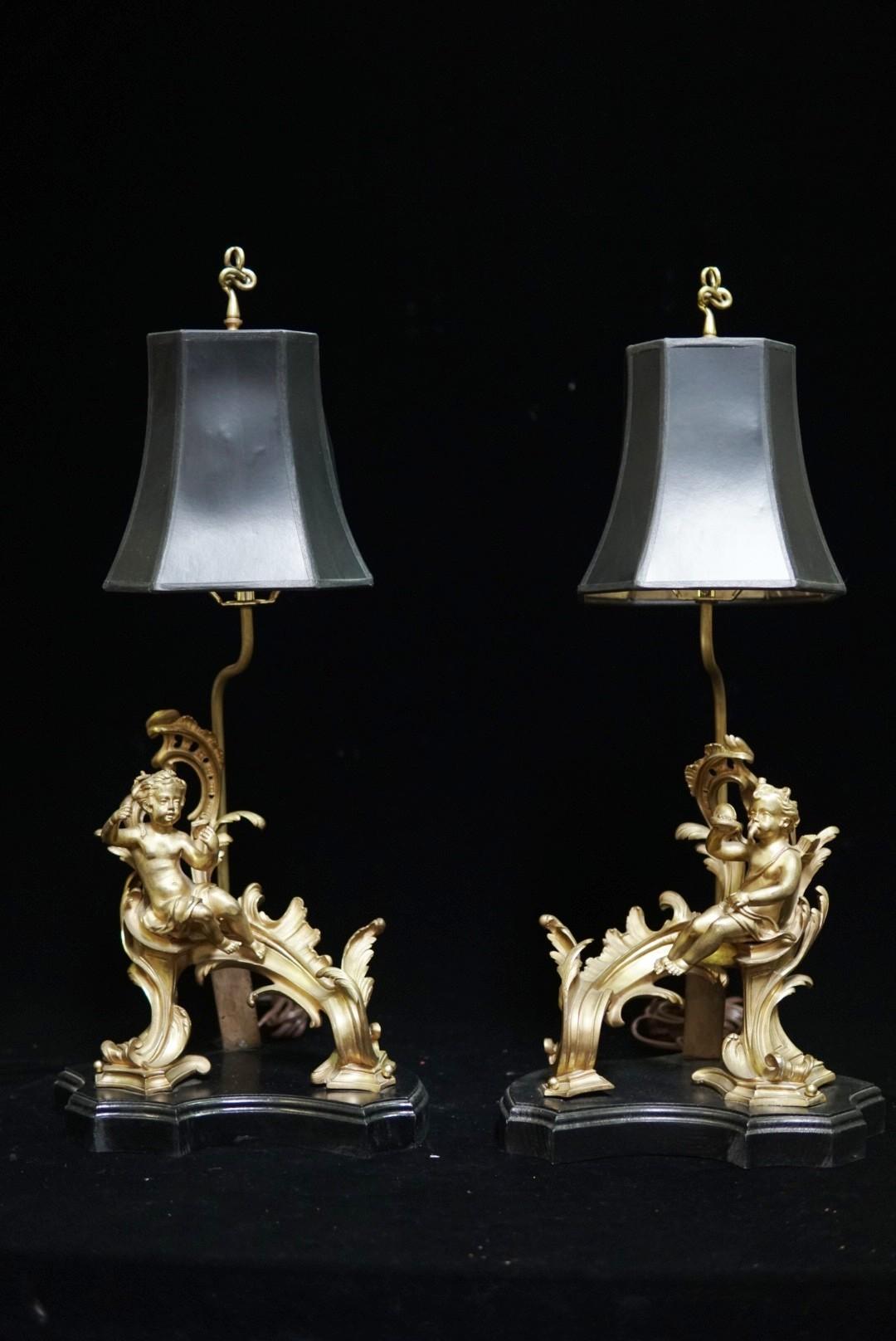 Louis XV Pair of French Ormolu Chenet Mounted Lamps, 19th Century