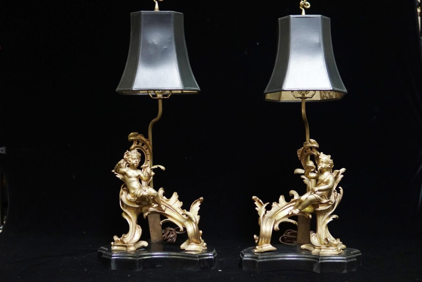 Gilt Pair of French Ormolu Chenet Mounted Lamps, 19th Century