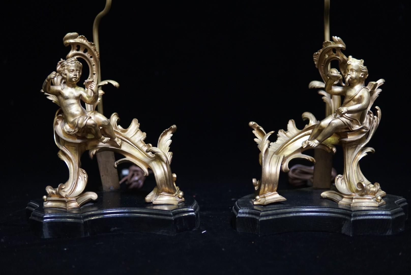 Pair of French Ormolu Chenet Mounted Lamps, 19th Century In Good Condition In Cypress, CA