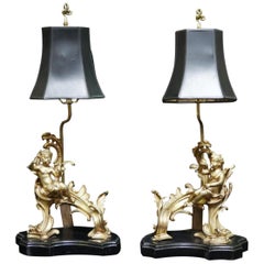 Pair of French Ormolu Chenet Mounted Lamps, 19th Century