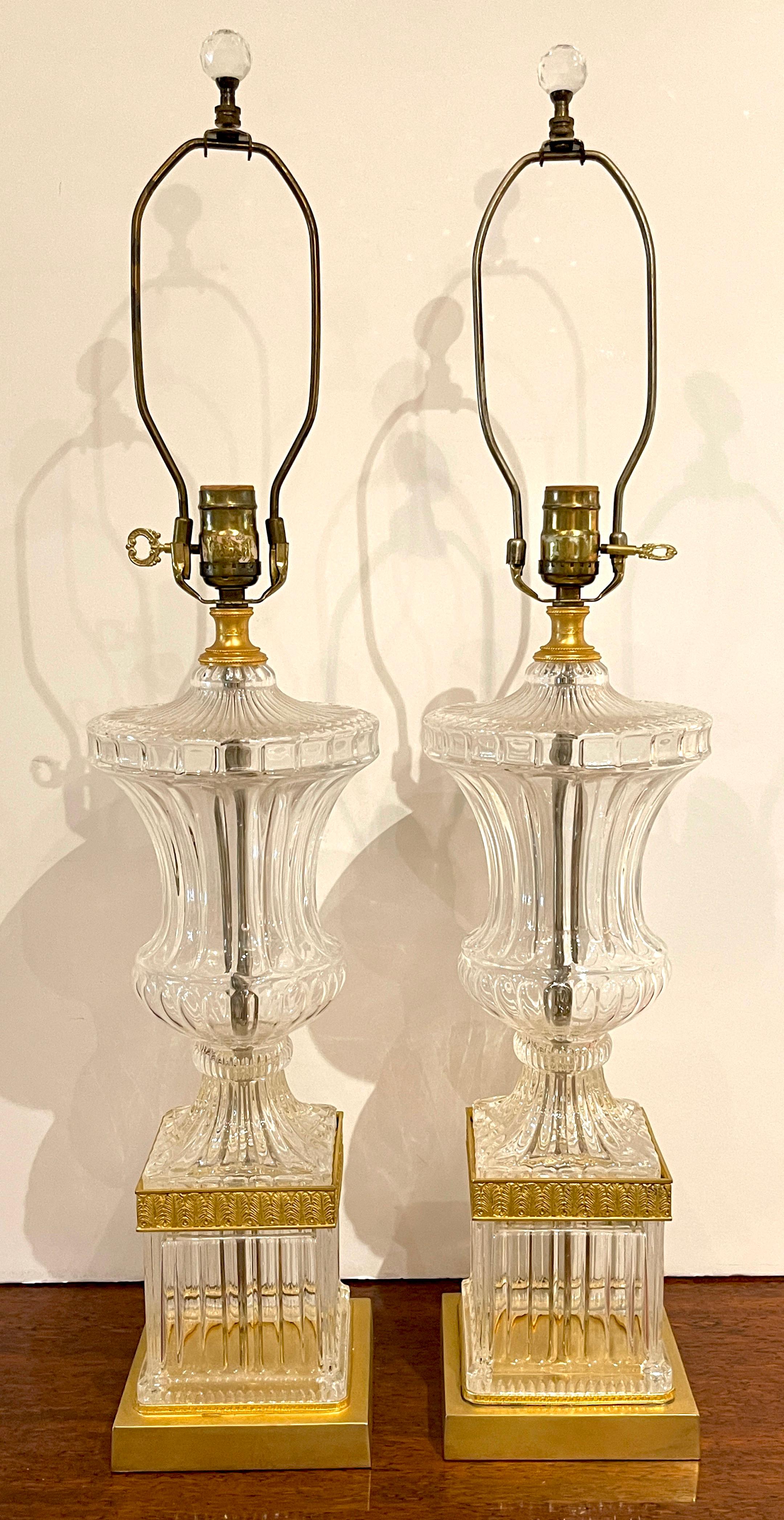 Elegent Pair Of Baccarat Style Crystal Urn Form Swirl Lamps on Black