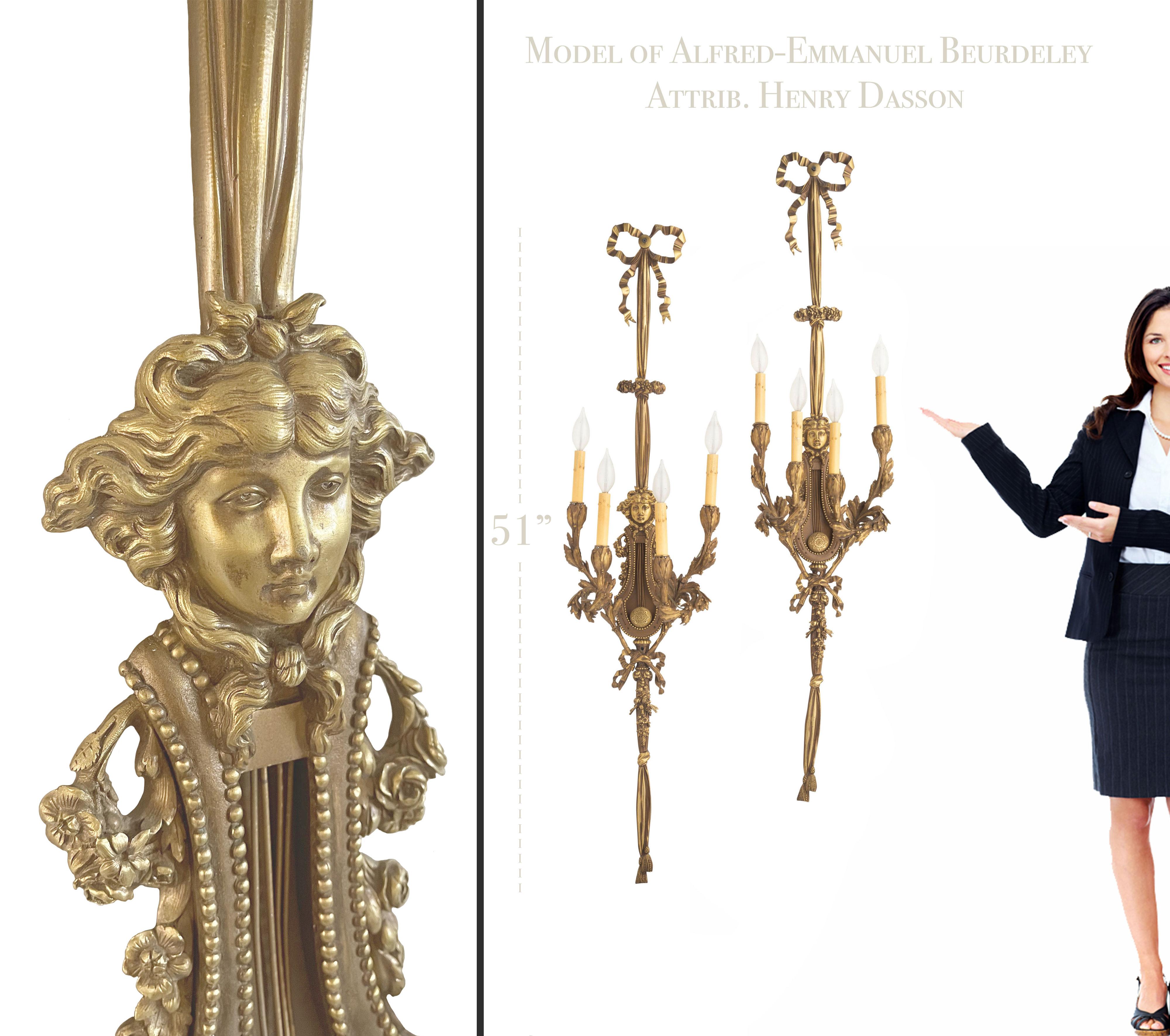 19th C. Pair of French Ormolu four branch wall lights / sconces After Beurdeley Attrb. Henry Dasson.

H 51