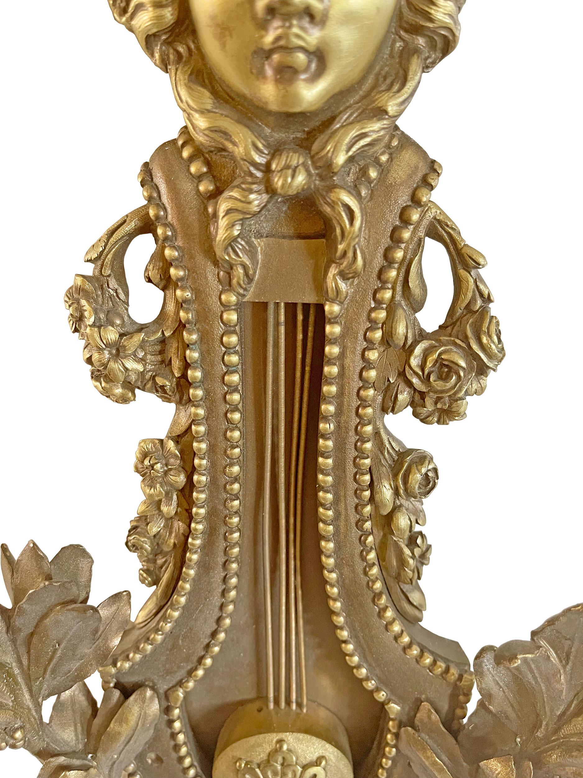 Pair Of French Ormolu Four Branch Wall Lights After Beurdeley Attrb Henry Dasson For Sale 1