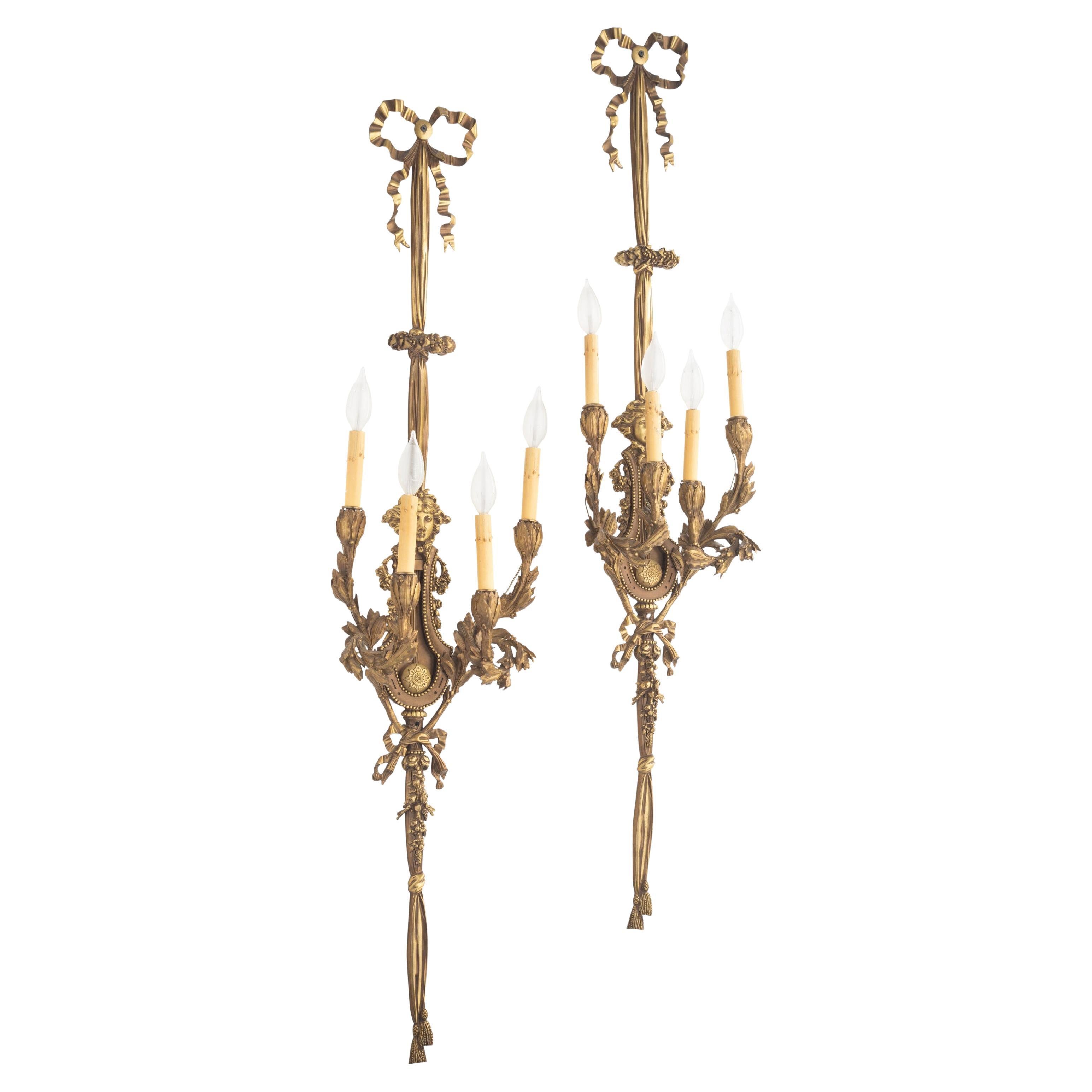 Pair Of French Ormolu Four Branch Wall Lights After Beurdeley Attrb Henry Dasson For Sale