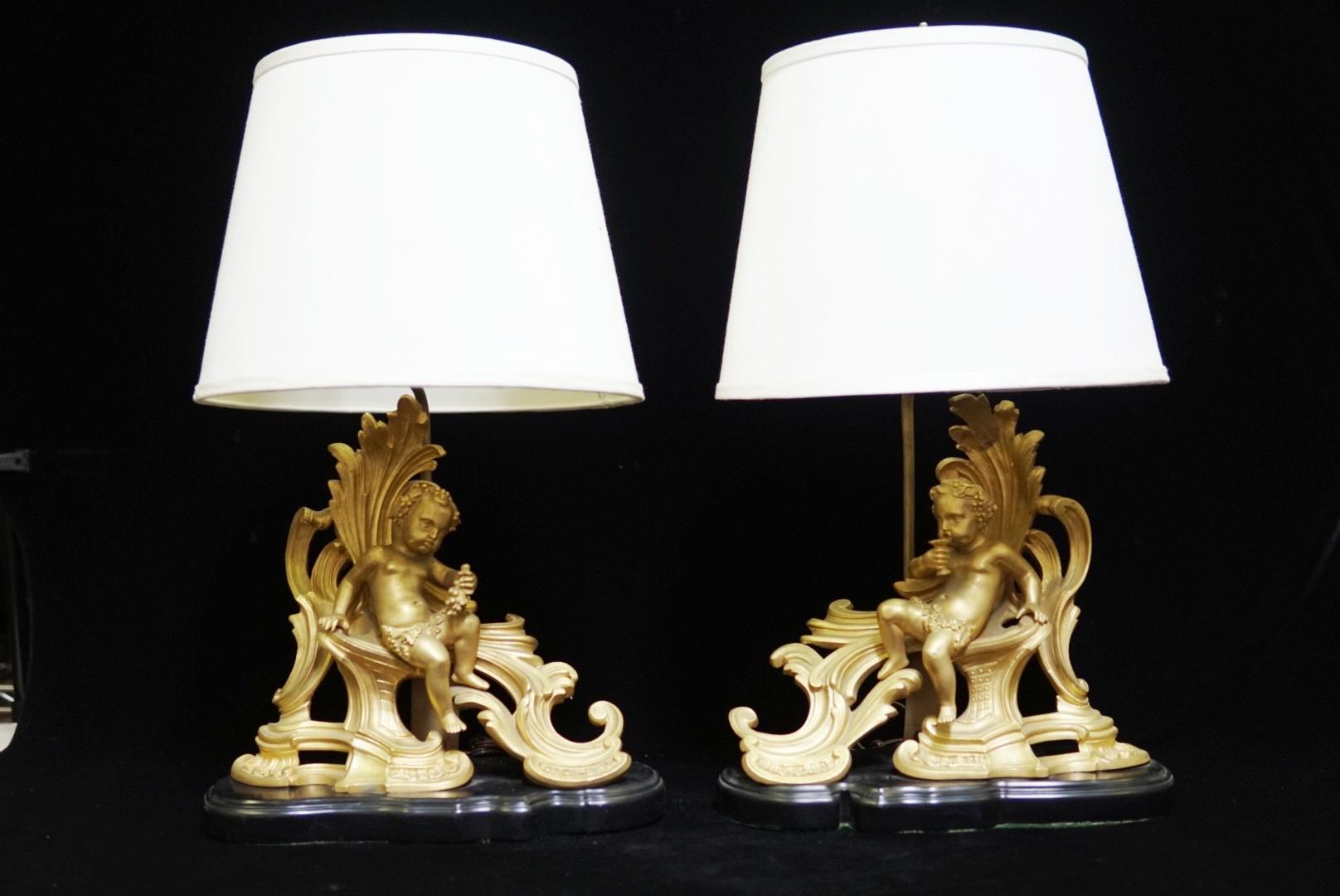 Pair of French Ormolu Gilt Bronze Chenet Mounted Lamps 1