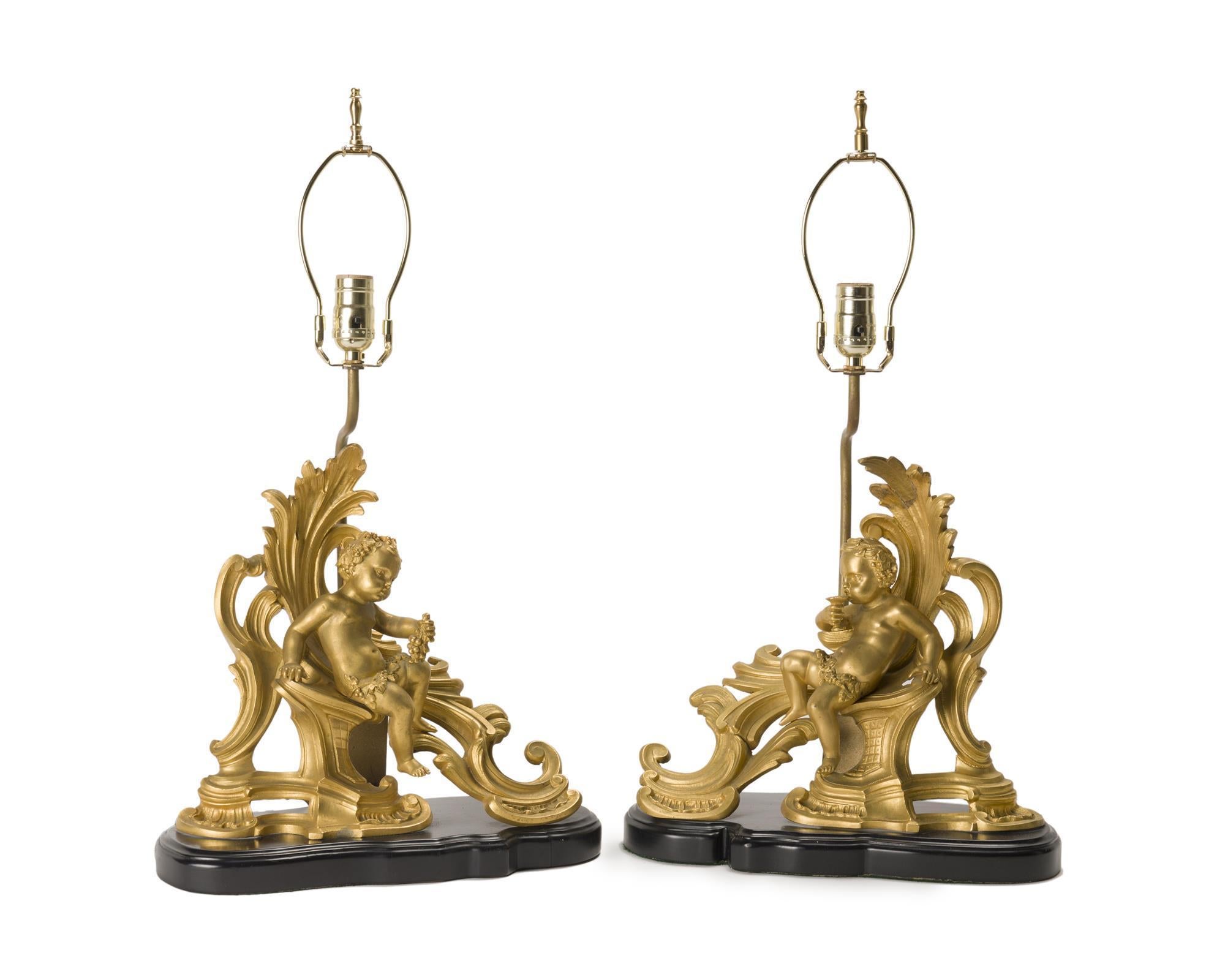 Pair of French Ormolu Gilt Bronze Chenet Mounted Lamps 7