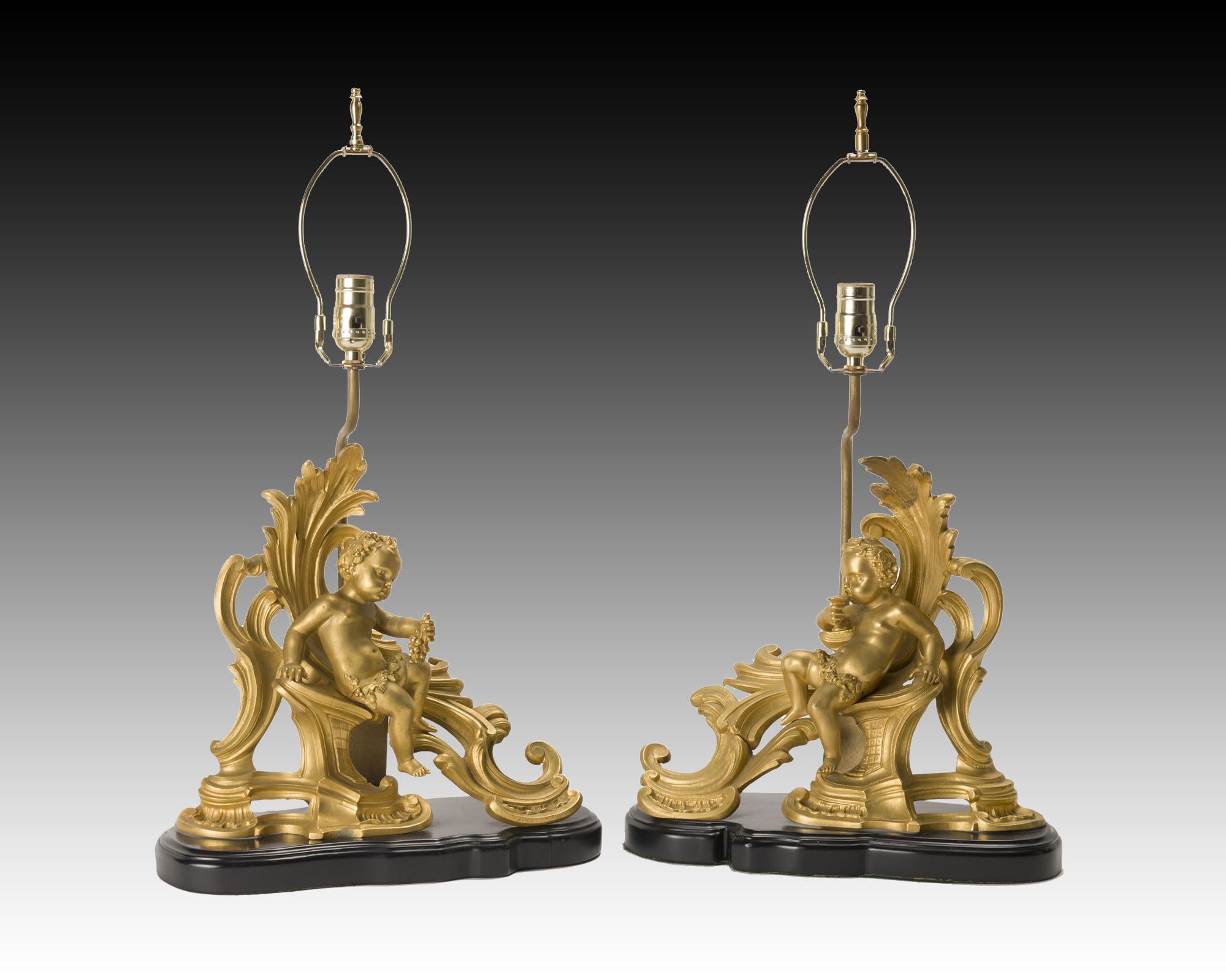 Carved Pair of French Ormolu Gilt Bronze Chenet Mounted Lamps