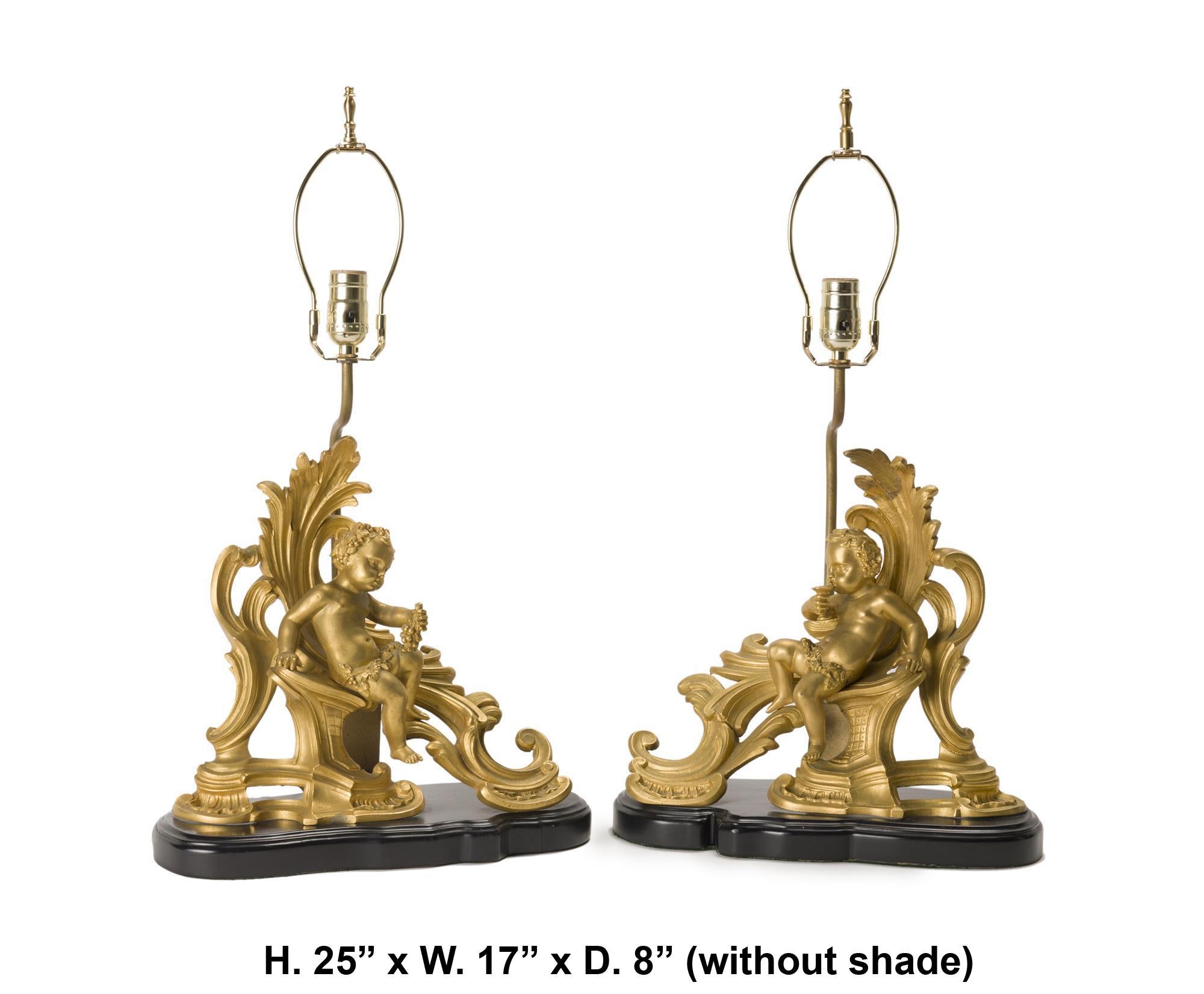 Pair of French Ormolu Gilt Bronze Chenet Mounted Lamps In Good Condition In Cypress, CA